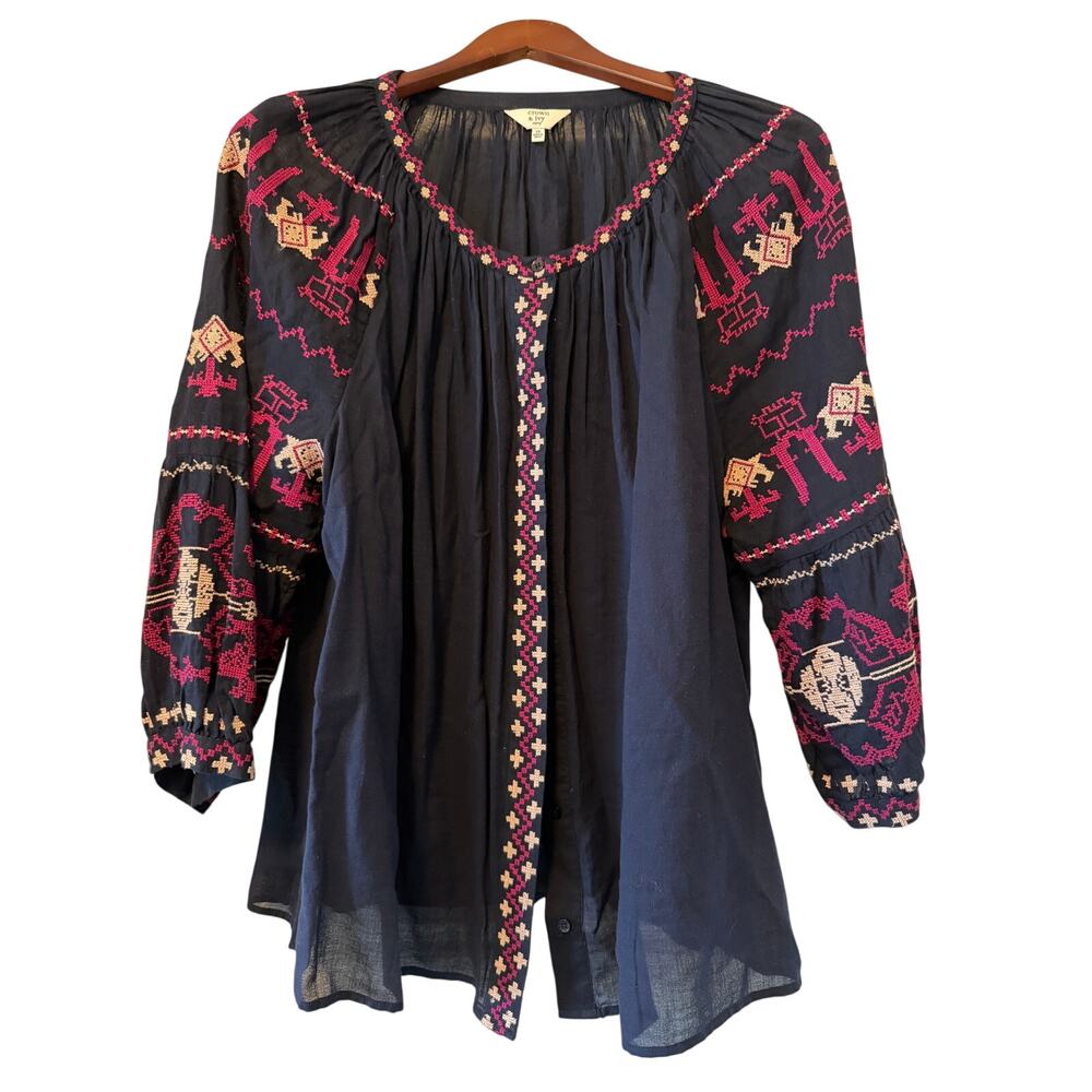 Crown & Ivy Cottage Embroidered Button Up Peasant Blouse, Size 2x